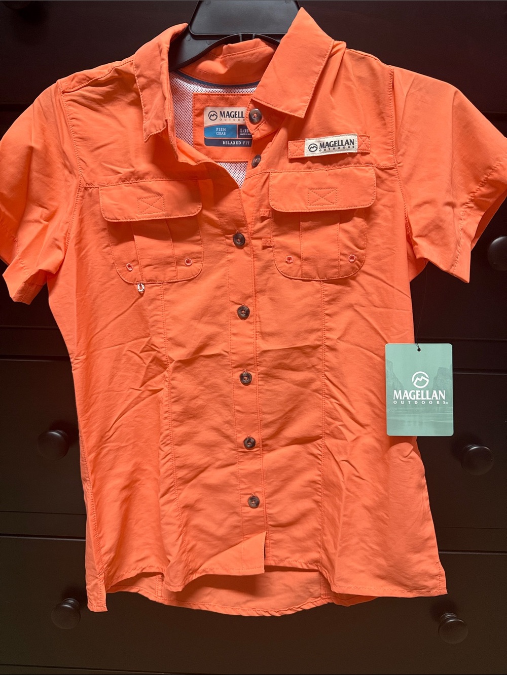 Magellan Outdoors Girls Short Sleeve Button-Front Shirt- color: Salmon